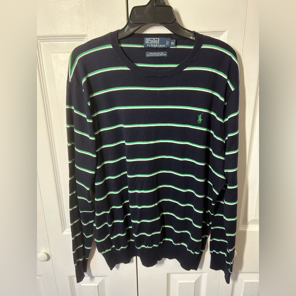 Polo by Ralph Lauren Navy Crewneck Sweater with Green & White Stripes